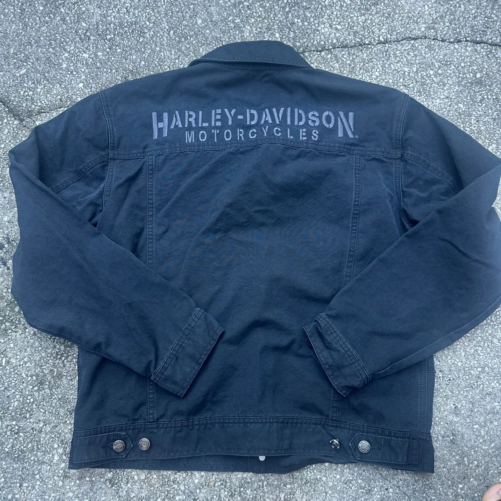 Vtg Harley-Davidson Mens Black Cotton Canvas Trucker Jacket Embroidered Logo M